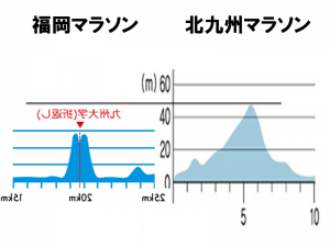 図：福岡マラソンと北九州マラソンの高低図、最高地点の比較