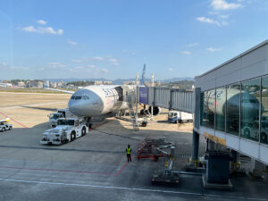 写真：チャイナエアラインの飛行機搭乗前の様子
